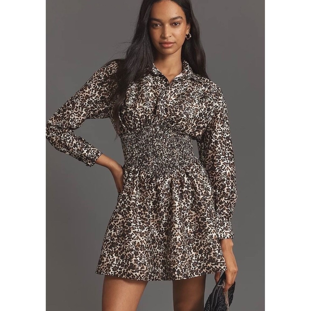 Hutch Leopard Print Mini Dress Women Large Brown New Smocked Waist Collared